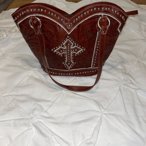 Embossed Brown Leather Crossbody Bag - Picture 2 of 14